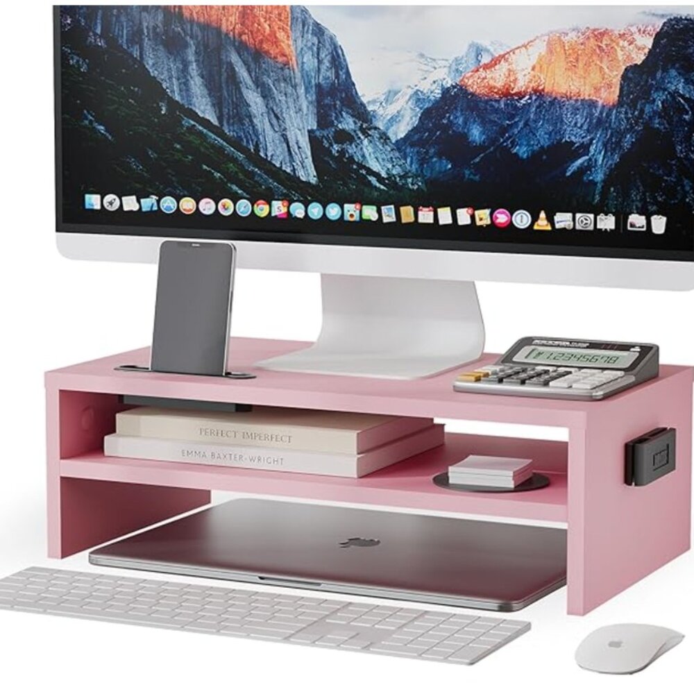 Pink Wood Monitor Riser Stand with Storage Organizer, Desktop Monitor Stand